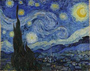 "De sterrennacht" von van Gogh zeigt eine vom Halbmond blau beschienene Landschaft.
